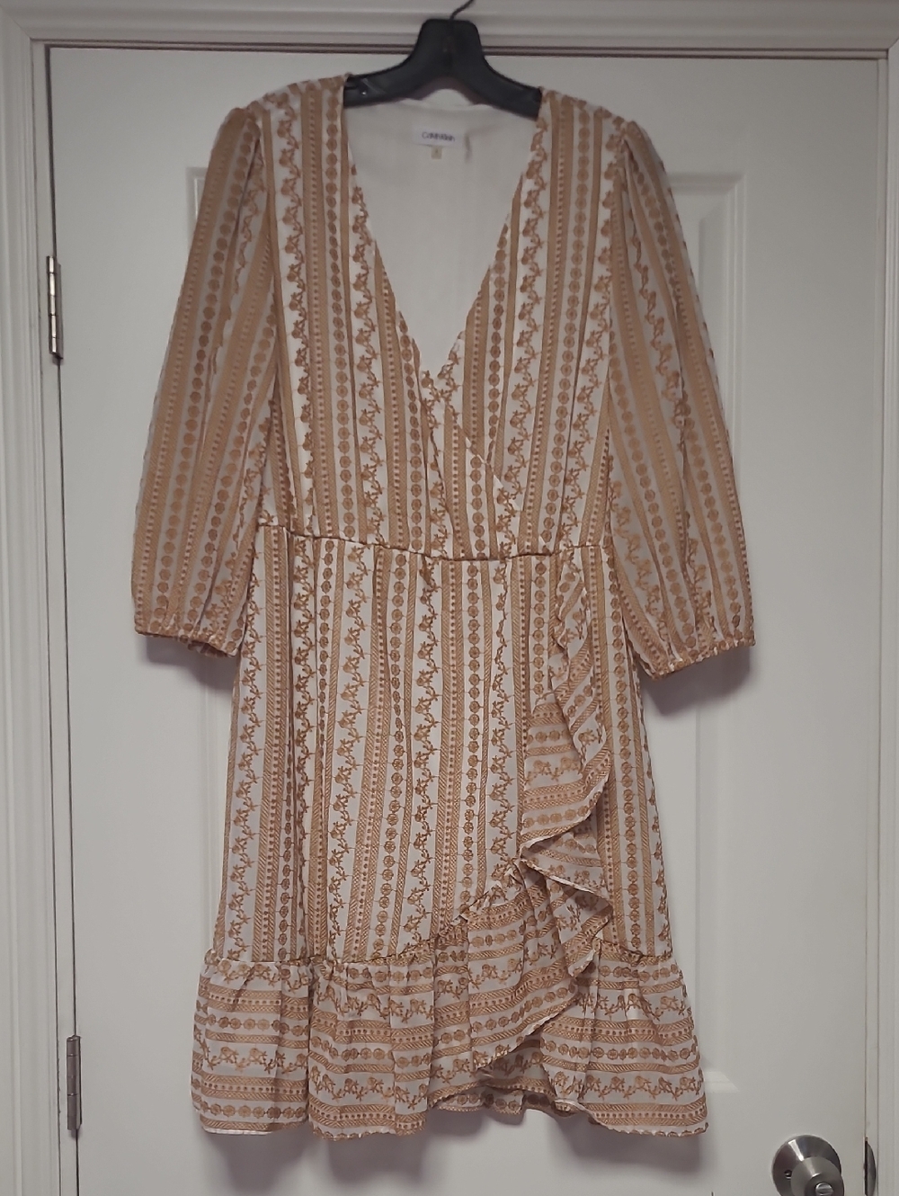 Calvin Klein  Cream and Tan Striped Wrap-Style Midi Dress